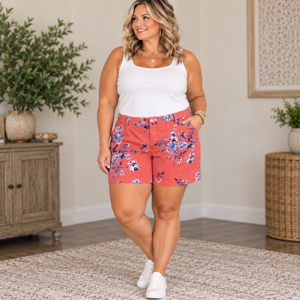 a.n.a Floral Twill Shorts Women 22W Coral Orange Boho Summer Casual Plus Size